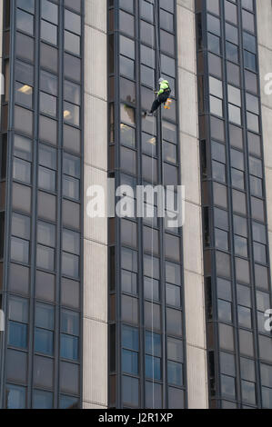 Un homme balance un bloc de bureau de grande hauteur à Cardiff au Pays de Galles. Les herbicides pulvérisation Banque D'Images