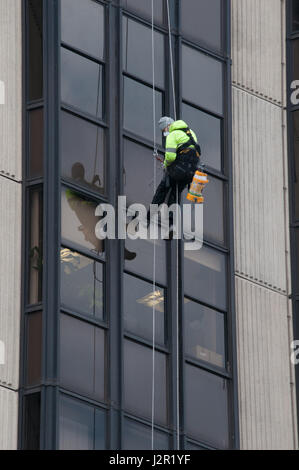 Un homme balance un bloc de bureau de grande hauteur à Cardiff au Pays de Galles. Les herbicides pulvérisation Banque D'Images