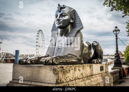 Un Sphinx en bronze à côté de Cleopatra's Needle, Victoria Embankment, London, England, UK Banque D'Images