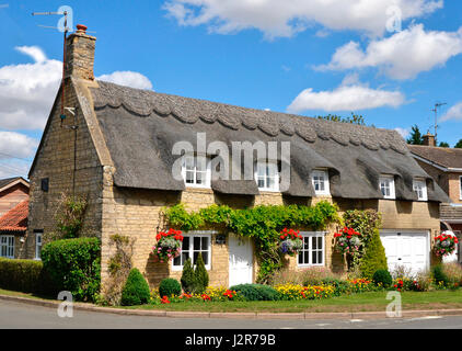 Thatched cottage anglais traditionnel avec jardin coloré Banque D'Images