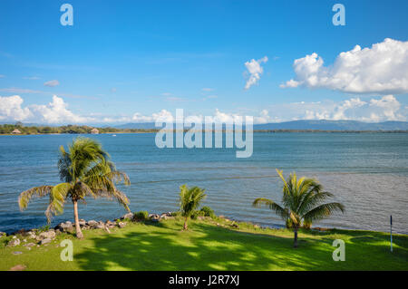 Beau pré vert par la rive du lac Izabal - le plus grand lac d'Amérique centrale au Guatemala. Banque D'Images