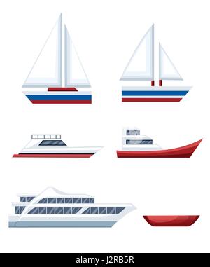 Ensemble de petits bateaux et les bouées à la mer bleu et blanc sur fond isolé. Illustration vue de côté. Illustration de Vecteur