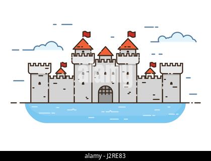 Château de style linéaire vector illustration couleur. Château médiéval de tours et de murs avec des drapeaux, entouré d'eau. Garde côtière canadienne et la protection concept. Op Illustration de Vecteur