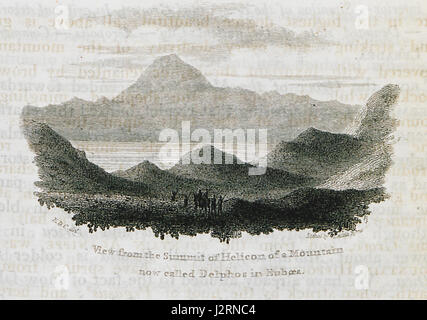 Cette peinture de 1816 d'Edward Daniel Clarke capture la vue du mont Dirfi, la plus haute montagne d'Eubée, depuis le sommet du mont Helicon en Grèce. L'œuvre présente une représentation dramatique du paysage grec, soulignant la beauté naturelle et la grandeur du paysage de montagne au début du XIXe siècle. Banque D'Images