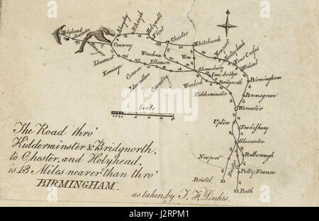 Bath to Holyhead via Birmingham Road map, une image d'un ensemble de 8 volumes extra-illustrés d'Une tournée au pays de Galles par Thomas Pennant (1726-1798) qui relate les trois voyages qu'il a effectués à travers le pays de Galles entre 1773 et 1776. Ces volumes sont uniques parce qu'ils ont été compilés pour la propre bibliothèque de Pennant à Downing. Cette édition a été produite en 1781. Thomas Pennant (1726-1798) Banque D'Images