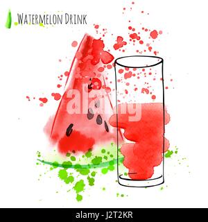 Watermelon drink avec tranche de pastèque. Jus frais en verre avec watermelon la paix. Tirage d'art à la main à l'aquarelle. Illustration de Vecteur