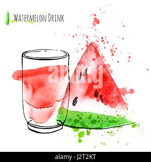 Watermelon drink avec tranche de pastèque. Jus frais en verre avec watermelon la paix. Tirage d'art à la main à l'aquarelle. Illustration de Vecteur