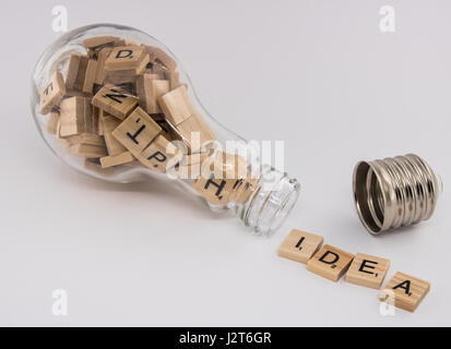 Une ampoule, avec une douille dévissé, remplie de lettres, recrachant le mot "idée" sur un fond blanc. Banque D'Images