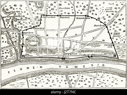 Carte de Londres Romain montrant les anciens murs. La gravure de l'époque victorienne circa 1880. Banque D'Images