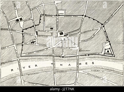 Plan de Londres victorien montrant les anciens murs. La gravure de l'époque victorienne circa 1880. Banque D'Images