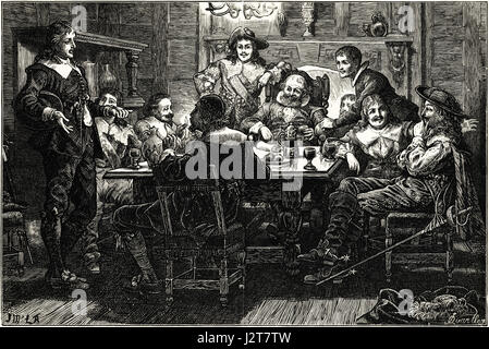 Ben Jonson & friends meeting poète Thomas Randolph à Devil Tavern près de Temple Bar Gateway Londres au 17ème siècle. La gravure de l'époque victorienne circa 1880. Banque D'Images