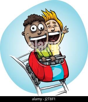 Un dessin animé teenage boy and girl riding dans un voiture de montagnes russes avec de gros, heureux, sourit. Illustration de Vecteur