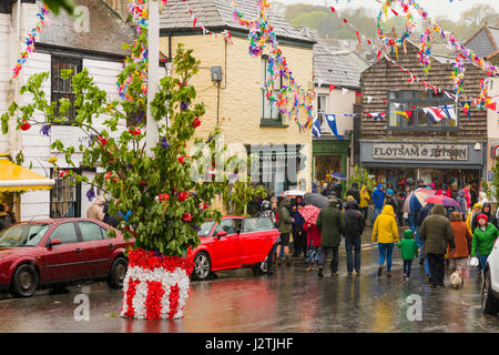 Padstow, UK. 1er mai 2017. Obby Oss peuvent Day Parade et célébration est une parade a propos de l'hiver et l'été qui vient de partir. Les marcheurs porter des vêtements blancs avec le rouge ou le bleu, le rouge étant la représentation de l'été et le bleu étant la représentation de l'hiver. Ils se rencontrent pour une bataille simulée pour montrer l'hiver d'être défait par Cornish la venue de l'été. La foule et les manifestants étaient également jubilent malgré la météo épouvantable ! Credit : James Pearce/Alamy Live News Banque D'Images