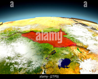 Le Soudan du Sud en rouge sur le modèle de la planète Terre vue de l'orbite terrestre. Illustration 3D détaillés avec surface de la planète. Éléments de cette image fournie par la NASA Banque D'Images