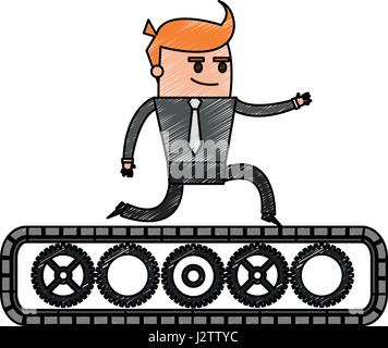 Crayon couleur cartoon business man riding une courroie avec gears Illustration de Vecteur