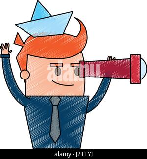 Crayon couleur caricature caricature corps demi-homme marin leader business avec paper boat cap Illustration de Vecteur