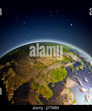 L'Asie de l'Est de l'espace sur Terre. Illustration 3D détaillés avec surface de la planète. Éléments de cette image fournie par la NASA. Banque D'Images