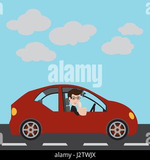 Businessman dans une voiture rouge et Thumbs up. Vector illustration Illustration de Vecteur