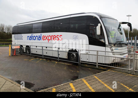 Service de bus bus National Express à la gare routière, l'aéroport de Stansted, Essex, Angleterre, RU Banque D'Images