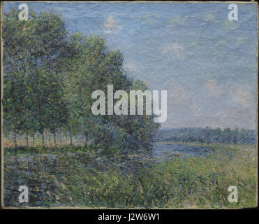 Il s'agit d'une peinture intitulée 'River View' par Alfred Sisley, créée en 1889. La peinture dépeint un paysage fluvial serein, reflétant le style impressionniste caractéristique de Sisley. Connu pour son accent sur la lumière naturelle et les humeurs changeantes de la nature, Sisley capture un moment paisible le long de la rivière, en utilisant des coups de pinceau doux et des couleurs vibrantes pour créer un sentiment de tranquillité et d'harmonie. Banque D'Images