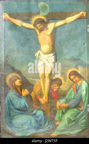 Cette peinture représente la Crucifixion du Christ, un événement central de la théologie chrétienne. Créé au XVIIe siècle, il reflète le style artistique religieux de l’époque, mettant en évidence des représentations dramatiques de scènes bibliques. Banque D'Images