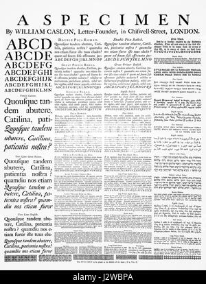 Cette image montre un spécimen de page du travail de William Caslon en tant que fondateur de lettres. Caslon était un typographe anglais influent dont les polices de caractères sont devenues largement utilisées dans l'impression. Cette page est tirée de l'édition 1728 de la Cyclopaedia. Banque D'Images