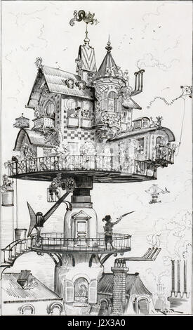 Cette vue aérienne capture une maison entourée de son paysage. Il offre une large perspective de la propriété, mettant en valeur la conception architecturale, le toit et l'environnement immédiat d'en haut. Banque D'Images