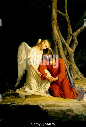 « Gethsémani » de Carl Heinrich Bloch est une peinture religieuse renommée représentant le moment de la prière de Jésus-Christ dans le jardin de Gethsémani. L’œuvre est célébrée pour sa profondeur émotionnelle et sa composition détaillée. Banque D'Images