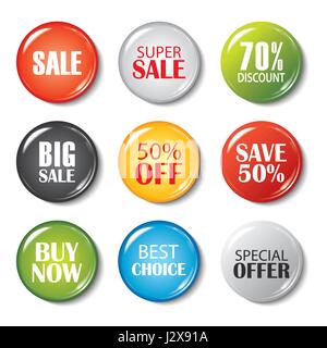 Ensemble de boutons de vente et des badges. Promotions de produits. Grosse vente, offre spéciale, 70 % de rabais. Illustration de Vecteur