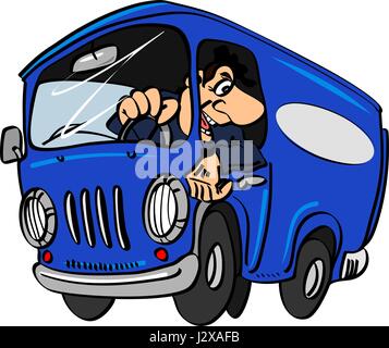 Cartoon blue bus avec un chauffeur, isolé sur fond blanc Illustration de Vecteur