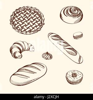 Série d'illustrations vectorielles - différents types de biscuits et gâteaux, sur un fond beige. Hand drawn dessin détaillé dans le style vintage. Illustration de Vecteur