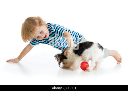 Little boy playing with dog, isolé sur fond blanc Banque D'Images