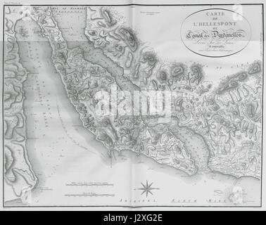 Cette carte de 1822 de Choiseul-Gouffier représente l'Hellespont (Dardanelles), une voie navigable stratégiquement importante reliant la mer Égée à la mer de Marmara. La carte fournit le contexte historique et géographique de la région au début du XIXe siècle. Banque D'Images
