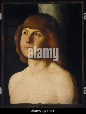 Cette peinture de Saint Sébastien, attribuée à un disciple d'Antonello da Messina, fait partie de l'école vénitienne. Créée à la fin du XVe siècle, l'œuvre représente le martyr Saint Sébastien dans l'iconographie traditionnelle. Banque D'Images