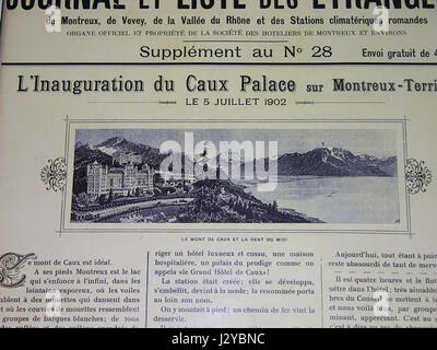 Construit en 1902, le Caux Palace est un hôtel historique situé à Montreux, en Suisse. Il est connu pour ses vues imprenables sur le lac Léman et son importance historique, ayant accueilli de nombreux événements et personnalités importants au fil des ans. L'architecture du palais reflète le luxe du début du XXe siècle et l'élégance suisse. Banque D'Images