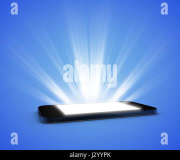Smartphone avec écran éclairé sur fond bleu Banque D'Images
