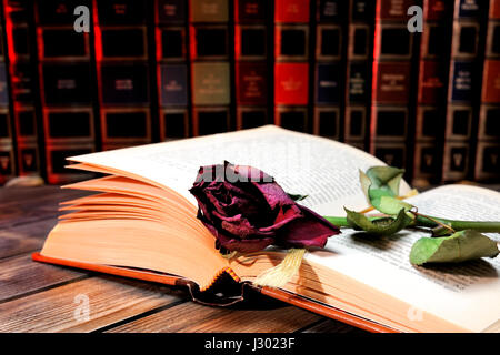 Une rose rouge fanée par les pages d'un vieux livre jauni par le temps sur une vieille table en bois. Banque D'Images