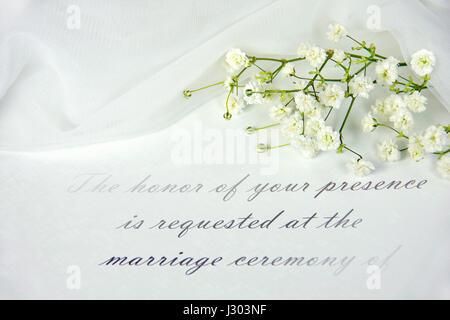 Invitation de mariage formel avec gypsophile et tulle blanc Banque D'Images