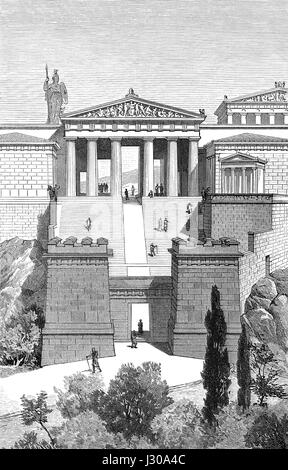 Reconstruction de la des propylées, l'entrée de l'Acropole à Athènes, Grèce, 5e siècle avant J.-C., Banque D'Images