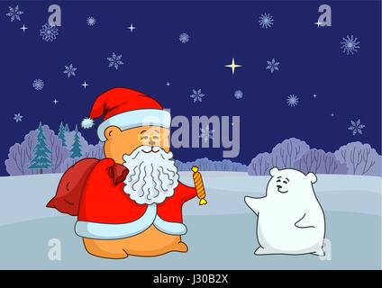 Dessin animé de Noël, de jouets du Père Noël, et l'ours contre Night Winter Forest. Vector Illustration de Vecteur