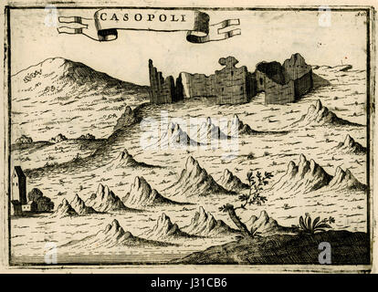 La carte 'Casopoli' de Vincenzo Coronelli, créée en 1688, représente une vue détaillée de la région italienne de Casopoli. Connue pour sa précision cartographique, la carte offre un aperçu de la géographie et des limites territoriales de l’époque, illustrant ainsi l’habileté de Coronelli dans l’art de la cartographie à la fin du XVIIe siècle. Banque D'Images