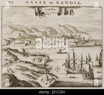 Canea, ville historique de Crète, est représentée dans une gravure d'Olfert Dapper datant de 1688. Le travail de Dapper documente l'architecture ancienne, la culture et l'histoire de la région, fournissant un aperçu précieux de l'importance de Canea dans le monde méditerranéen. Banque D'Images