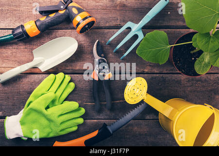 Matériel et d'outils de jardinage sur fond de bois vieux Banque D'Images