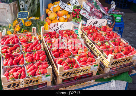 De barquettes de fraises à l'extérieur de l'épicerie, la Parade, Claygate, Surrey, Angleterre, Royaume-Uni Banque D'Images