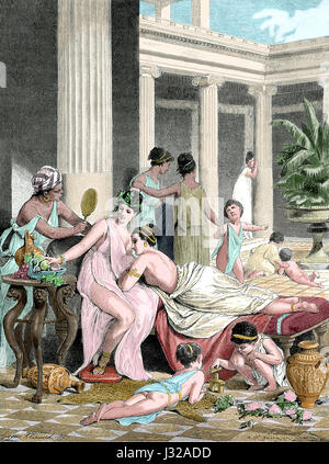 Le grec ancien. Les femmes à la maison. Gravure, 19ème siècle. De couleur. Banque D'Images