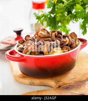 Chanterelles avec des pommes de terre dans un pot en céramique rouge Banque D'Images