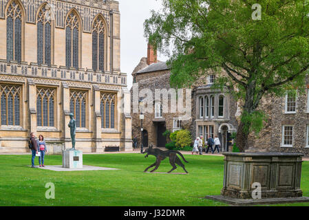 Cathédrale Saint-Edmunds, statue de Saint-Edmund par Elisabeth Frenk avec le loup de fer dans la cathédrale proche de Bury St Edmunds, Suffolk Royaume-Uni. Banque D'Images