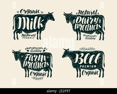 L'alimentation, de l'étiquette vintage set. La vache, le taureau, le bœuf, le lait, les animaux de ferme, des produits laitiers ou des icônes logos. Le lettrage, calligraphie vector illustration Illustration de Vecteur