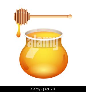 Bol en verre de miel miel scénario avec balancier à l'isolé sur fond blanc. Avec un bâton de miel frais Illustration de Vecteur