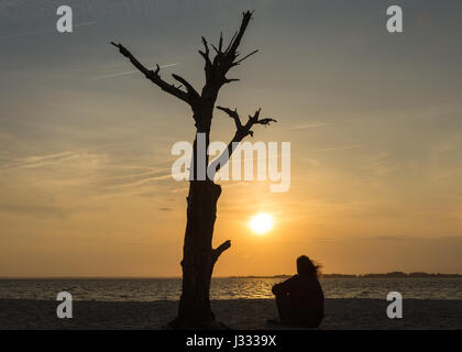Un seul individu femme assise sur la plage regardant au-dessus de l'eau au coucher du soleil Banque D'Images